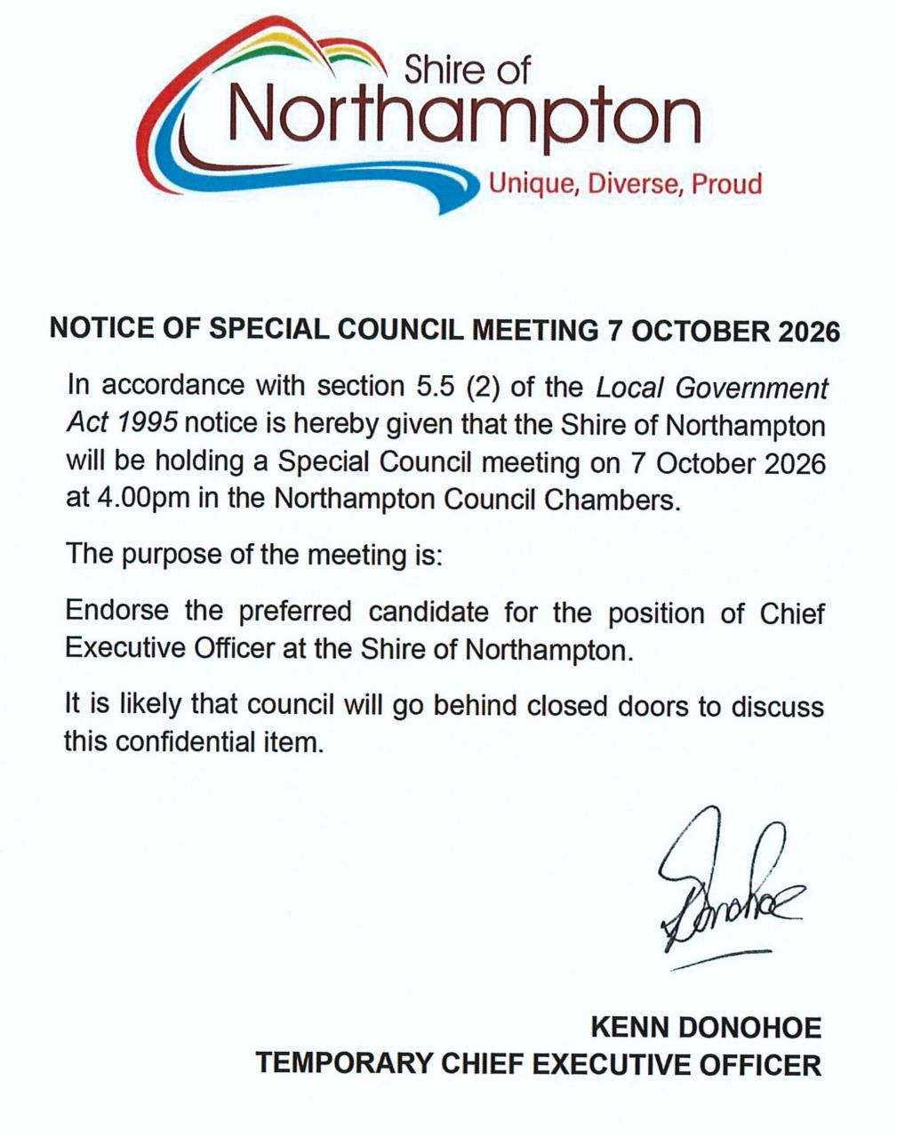 Notice of Special Council Meeting 7 October 2026